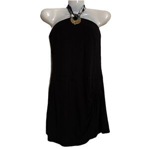 Vintage Cache Black Halter Dress Romper Y2K Blue Scarf Neckline